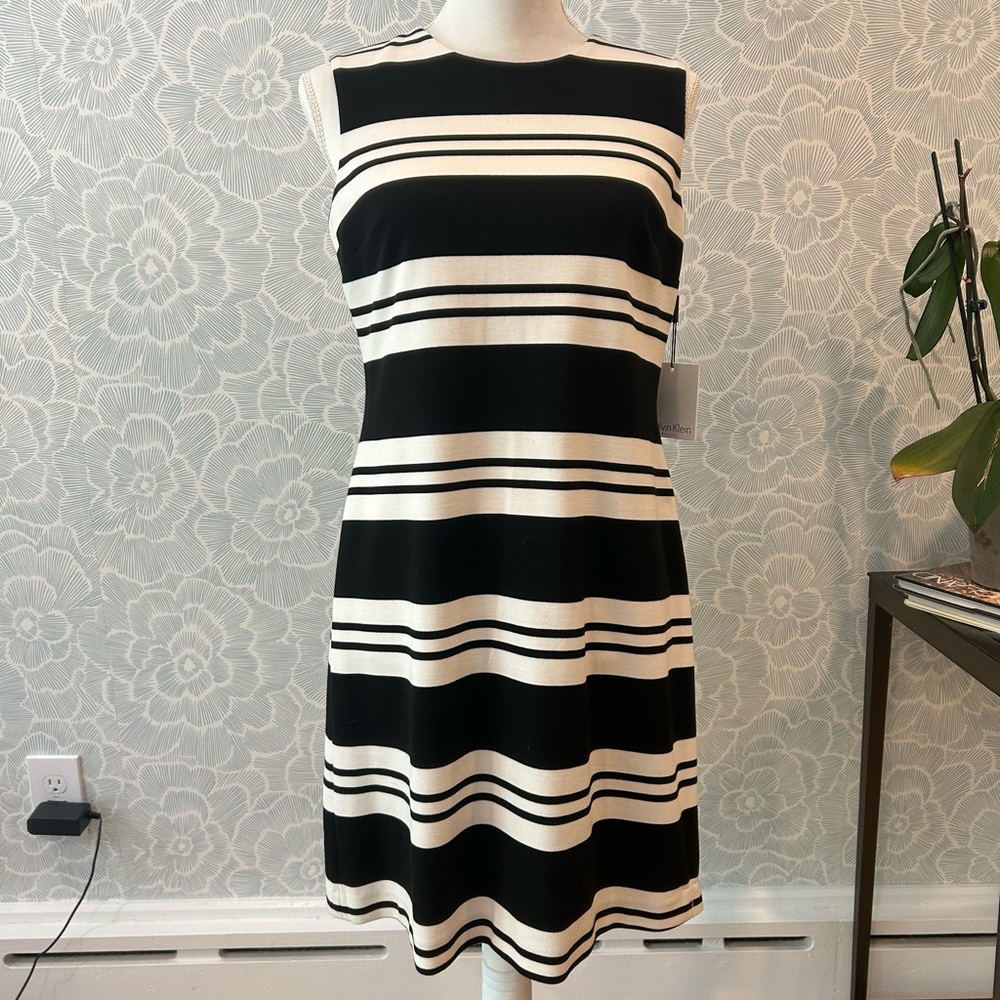 NWT Calvin Klein Black and White Striped Tank Dress - Sz 8